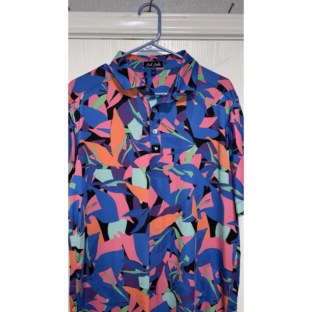 Bad Birdie Men's Polo Shirt Large Multicolor Floral Short Sleeve Golf Stretch